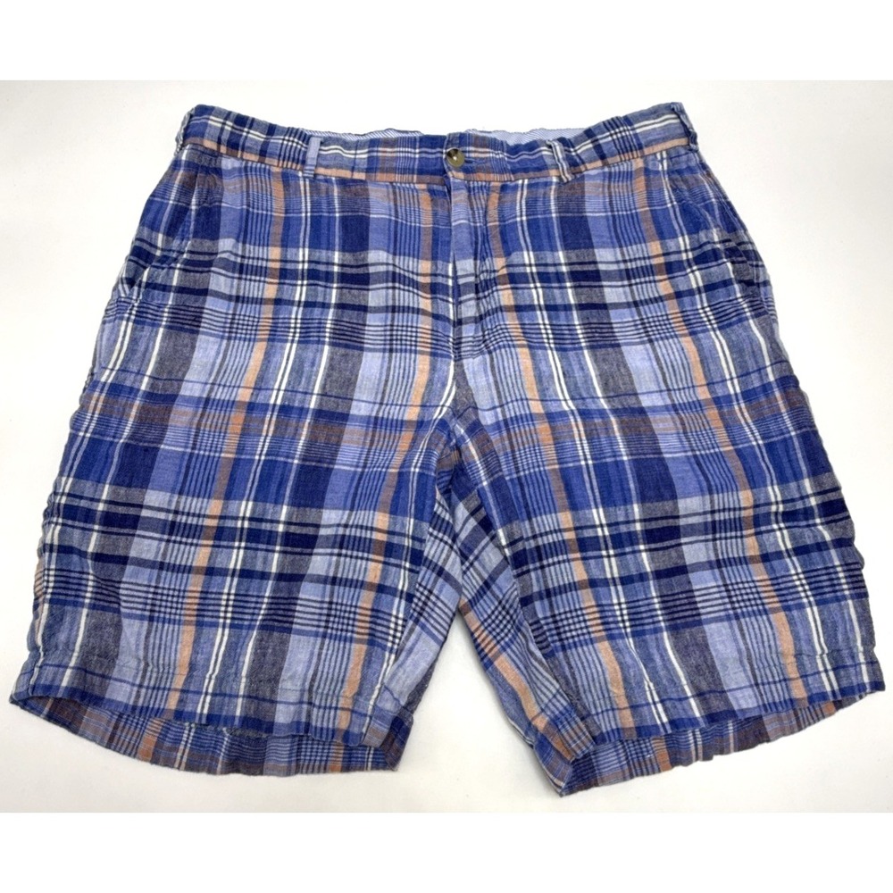 Peter Millar Linen Shorts Mens 34 Blue Plaid Flat Front Chino Lightweight Casual